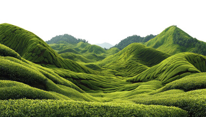 Lush, terraced green hills form a textured landscape view