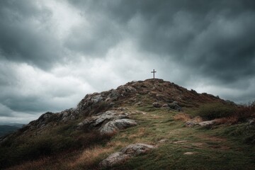 Fototapeta premium hill of calvary golgotha hill with dark cloudy sky stone