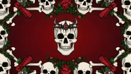 A macabre and festive border of skulls, bones, and holly surrounds a central skull wearing a dark crown on a deep red background.
