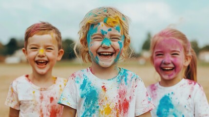 Vibrant holi celebration children laughing and playing in a colorful outdoor playground