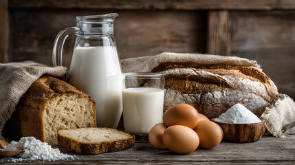 Bread with milk and eggs on a wooden table with a blurred background. Illustration of cooking ingredients background.