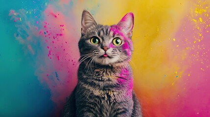 Colorful holi celebration cat covered in safe colors festive environment vibrant viewpoint