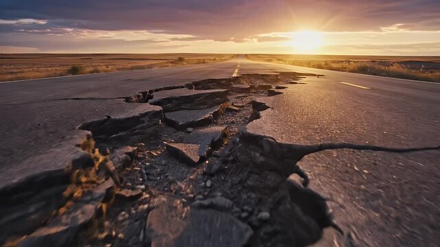 Cracked Asphalt Road Stretching Into Distance Under Orange Sunset Sky In Rural Landscape