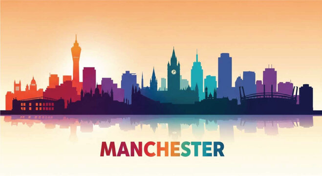 Vibrant manchester skyline silhouette at sunset with rainbow colors