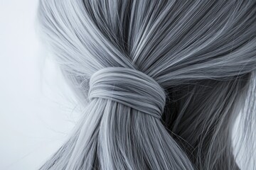 Close-up view of a tied ponytail of grayish hair.