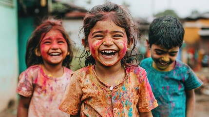 Children laughing and playing during holi festival urban setting gigapixel image colorful atmosphere joyful viewpoint