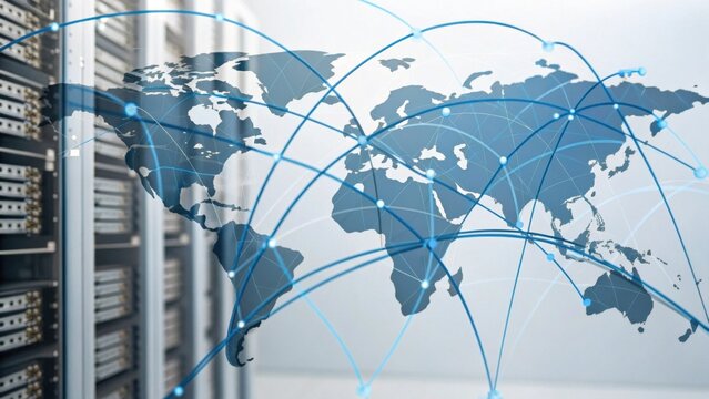 A digital representation of a world map with interconnected lines overlaid on a server room backdrop, symbolizing global networking and connectivity. - Powered by Adobe