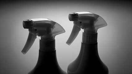 Close-up of two black spray bottles with clear nozzles against a gradient gray background with a shallow depth of field.