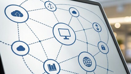 A digital illustration depicting interconnected technological icons on a laptop screen, symbolizing networks and data exchange in a modern environment.