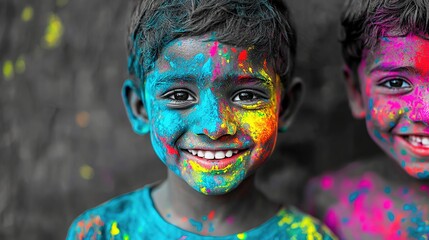 Emotional black and white holi celebration outdoor street scene cultural festivity close-up perspective joyful unity