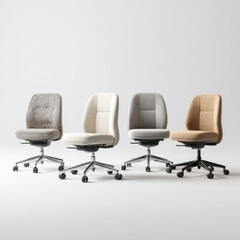 Obraz premium Four modern office chairs with different upholstery and colors arranged in a row