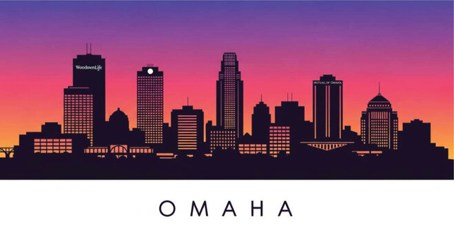 Omaha skyline silhouette at sunset with vibrant gradient sky
