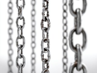 Close up of multiple metal chains hanging vertically with shadows
