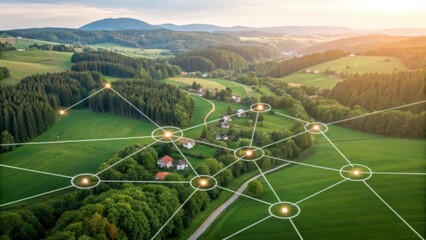 Aerial view of a picturesque landscape with interconnected nodes representing a network in a rural setting, showcasing technology's integration with nature.
