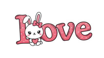 Valentine’s Day LOVE Text with Cute Bunny – Transparent Background PNG