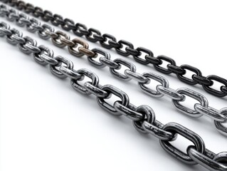 Obraz premium Three metal chains of varying thickness and color laid out diagonally on a white background