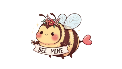 Valentine’s Day Cute Bee with Flower Crown – Bee Mine – Transparent Background PNG