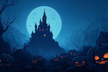 Illustration of a Halloween background concept featuring Halloween pumpkins and a dark castle on a blue moon background