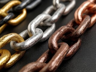 Fototapeta premium Close up view of various metal chains with different finishes and textures