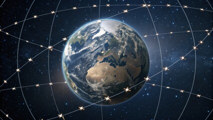 A digital representation of Earth surrounded by satellite orbits, depicting a cosmic scene with stars and the vastness of space.
