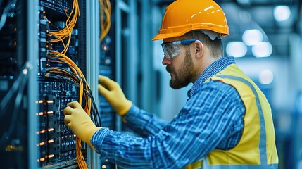 Engineer setting up modern indoor telecom technology hub equipment in close-up view