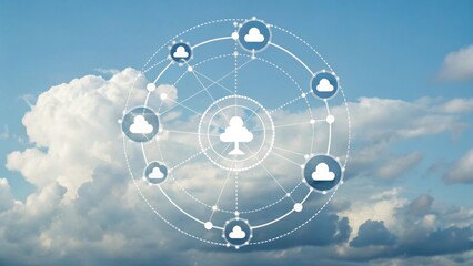 A digital cloud network graphic set against a blue sky with clouds, illustrating connectivity and data sharing.