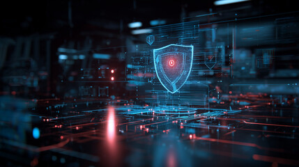Digital futuristic shield symbol glowing with red light over abstract circuit board background