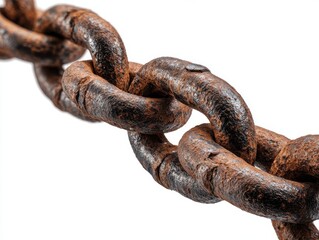 Obraz premium Close up view of a weathered rusty metal chain link on a white background