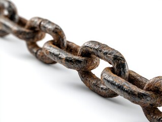 Obraz premium Close up of a rusty metal chain on a white background showing texture and detail