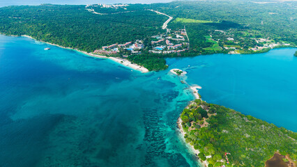 Aerial view of tropical resort and coastline in Barú, Colombia