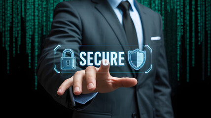 Business Hand Interacting with SECURE Panel Featuring Padlock and Shield Icons on Digital Code Background