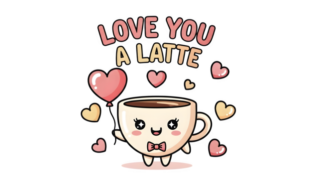 Valentine’s Day Latte Cup with Heart Steam – Love You A Latte – Transparent Background PNG - Powered by Adobe