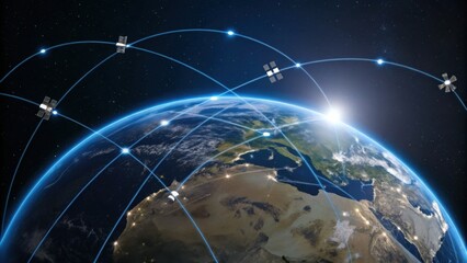 A digital illustration of Earth with satellites orbiting, connected by lines to symbolize global communication and technology.