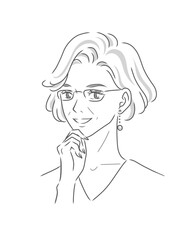 ショートカットの眼鏡をかけたシニア女性のモノクロイラスト