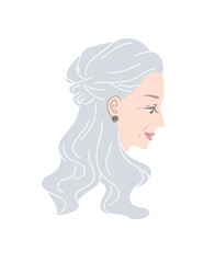 グレイヘアのきれいなシニア女性の横顔のカラーイラスト素材