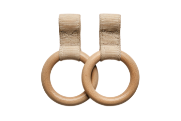 Wood rings suspended by beige fabric straps, interlocking