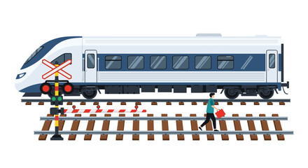 Naklejka premium A man carelessly walks across railroad tracks at a crossing with warning lights, in front of an approaching modern passenger train, showing danger.