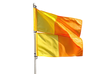 Flag, yellow and orange sections, on pole, flying high