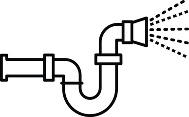 Black line icon of an S-bend plumbing drain pipe trap connected to a sprayer head dispensing water for cleaning plumbing and technical diagrams
