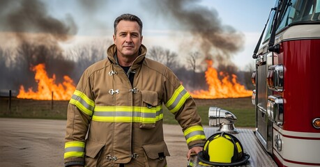 Man In Uniform Standing In Front of Fire Truck with Flames and Smoke