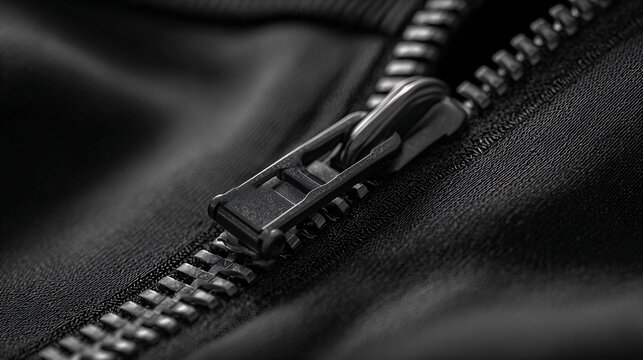 Close up of a black zipper on fabric showing detail and texture.