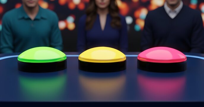 Three People Behind Buzzers on Game Show Set Ready To Press the Buttons