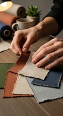 Hands selecting fabric swatches on a wooden table with craft supplies.