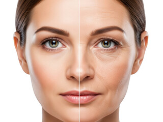 Closeup portrait of a woman showing before and after effects of antiaging skincare treatment isolated on transparent background