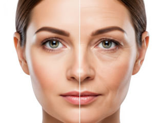 Closeup portrait of a woman showing before and after effects of antiaging skincare treatment isolated on transparent background