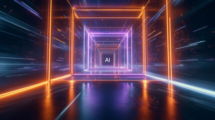 Futuristic neon light tunnel with glowing orange and purple geometric shapes