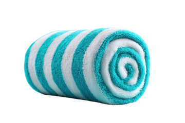Rolled towel; turquoise, white stripes, on black