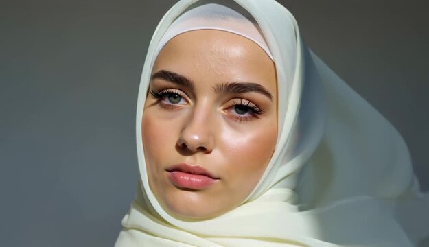 Closeup portrait of young woman wearing cream hijab with glowing skin and defined eyebrows in soft light