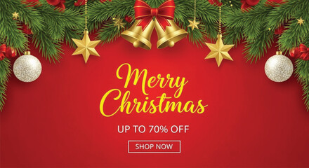 A vibrant Christmas promotional banner featuring lush green fir branches, golden bells, sparkling stars, and shiny ornaments framing a deep red background with 'Merry Christmas' text and a 'Shop Now' 