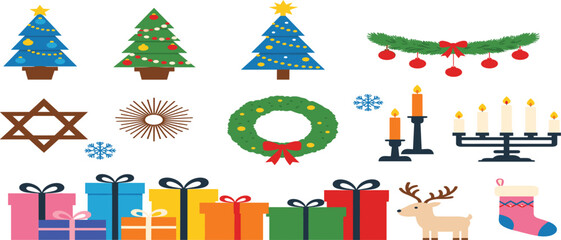 Fototapeta premium Christmas and holiday decoration elements including gift boxes, trees, wreath, candles, reindeer, stocking, menorah, garland, and winter icons illustration